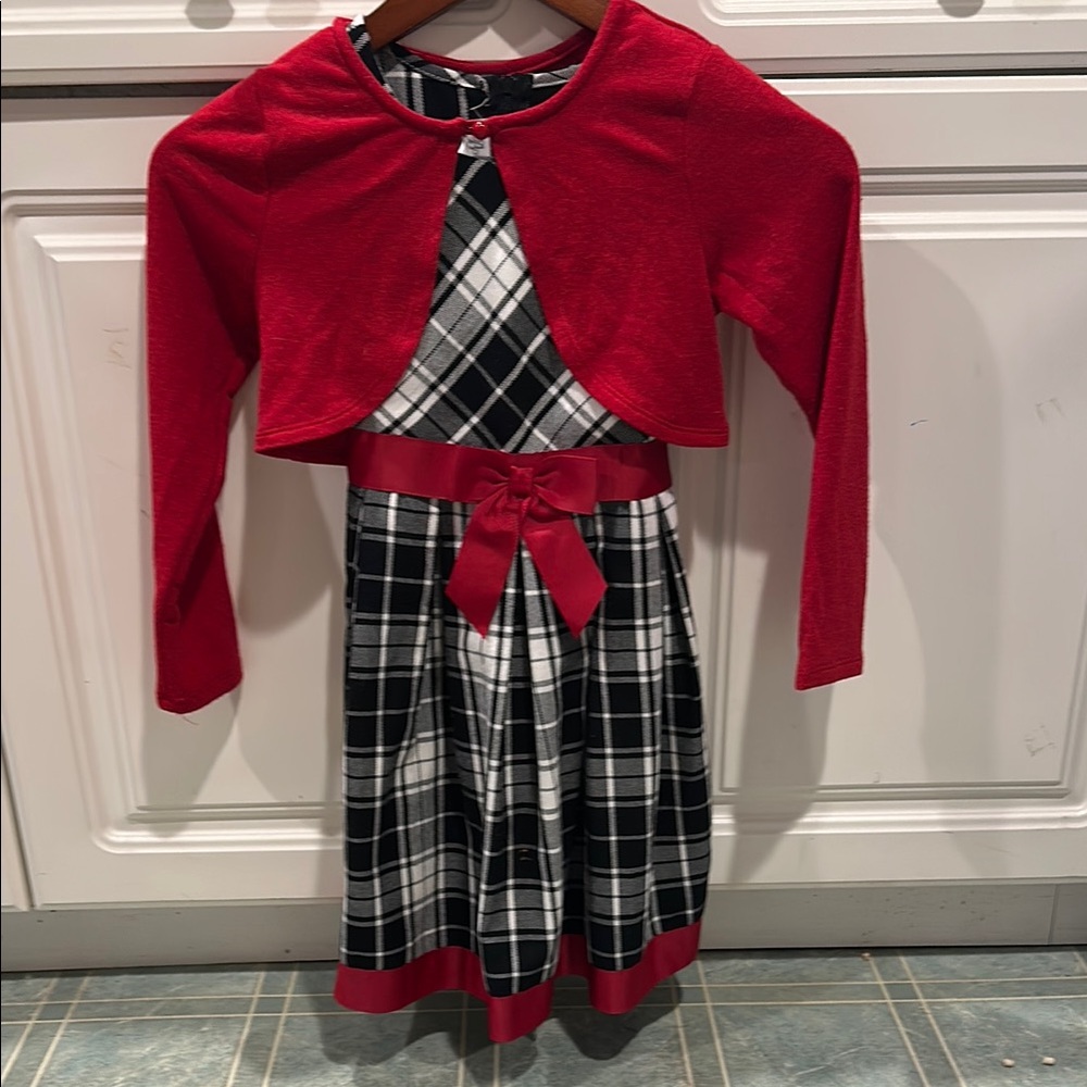 Girls Red and Black Plaid Dress with Cardigan